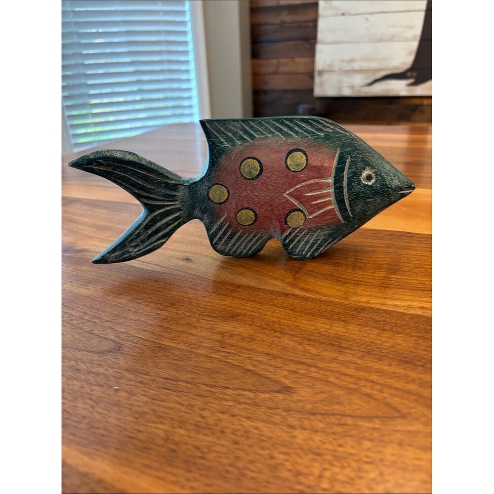 Hand Carved Painted Pink Teal Fish Statue Decor 10”